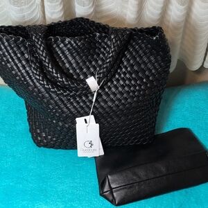 Black Woven Tote Bag with Zip Pouch - Eton
